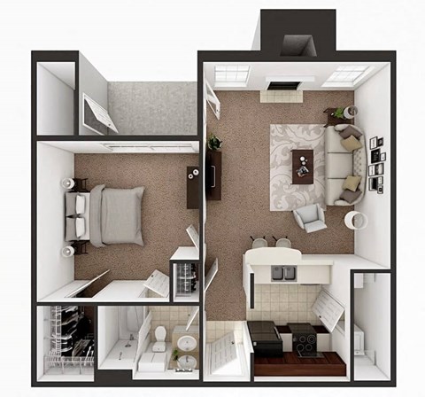 Floor plan for 1 bed, 1 bath, 748 sqft